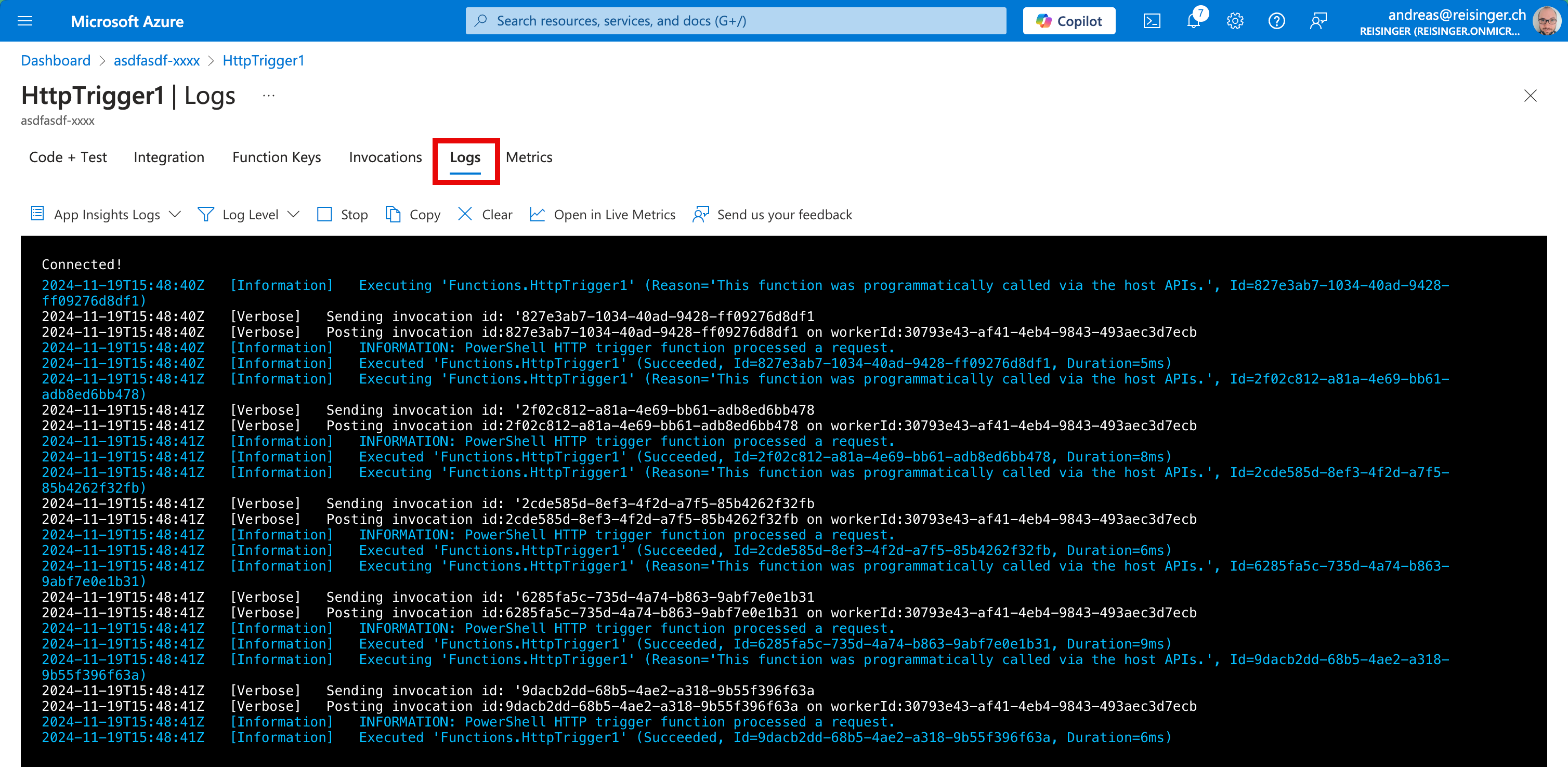 Screenshot of a trace information log resulting from running the function inside the function editor in Azure portal.
