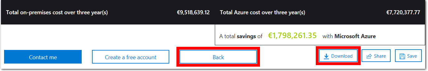 Screenshot of the report pane of the tco calculator in Azure. The highlighted and completed input fields indicates how set the tco calculator timeframe to three years and the region to north europe. A graph shows the cost of on-premises infrastructure and workloads off-set against the reduced cost of using Azure.